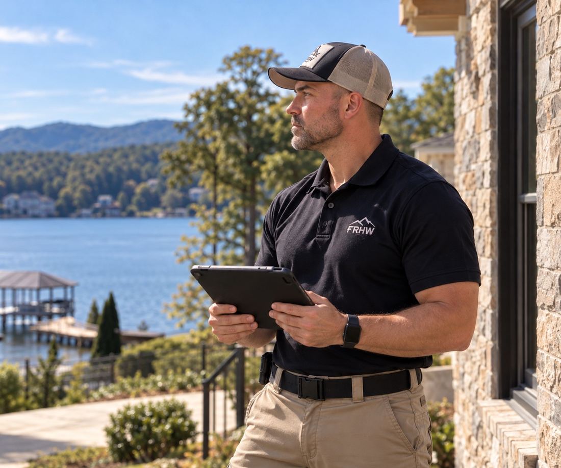 Adam Sable holding a tablet during a home watch visit beside a stone lake house