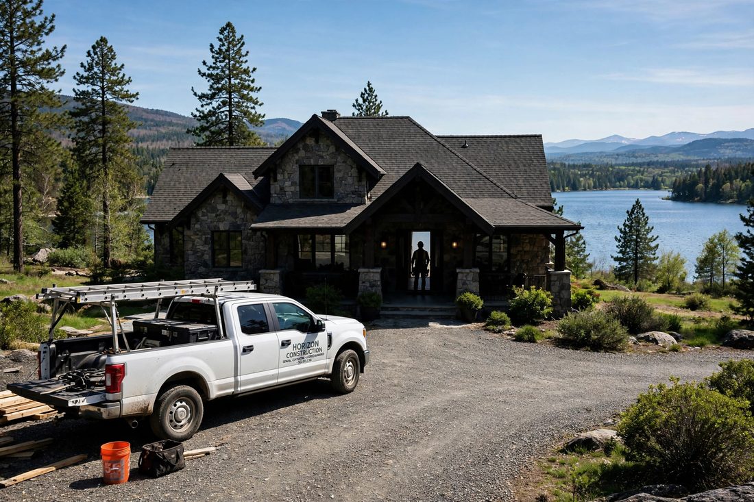 A contractor's work truck parked in front of a lake house