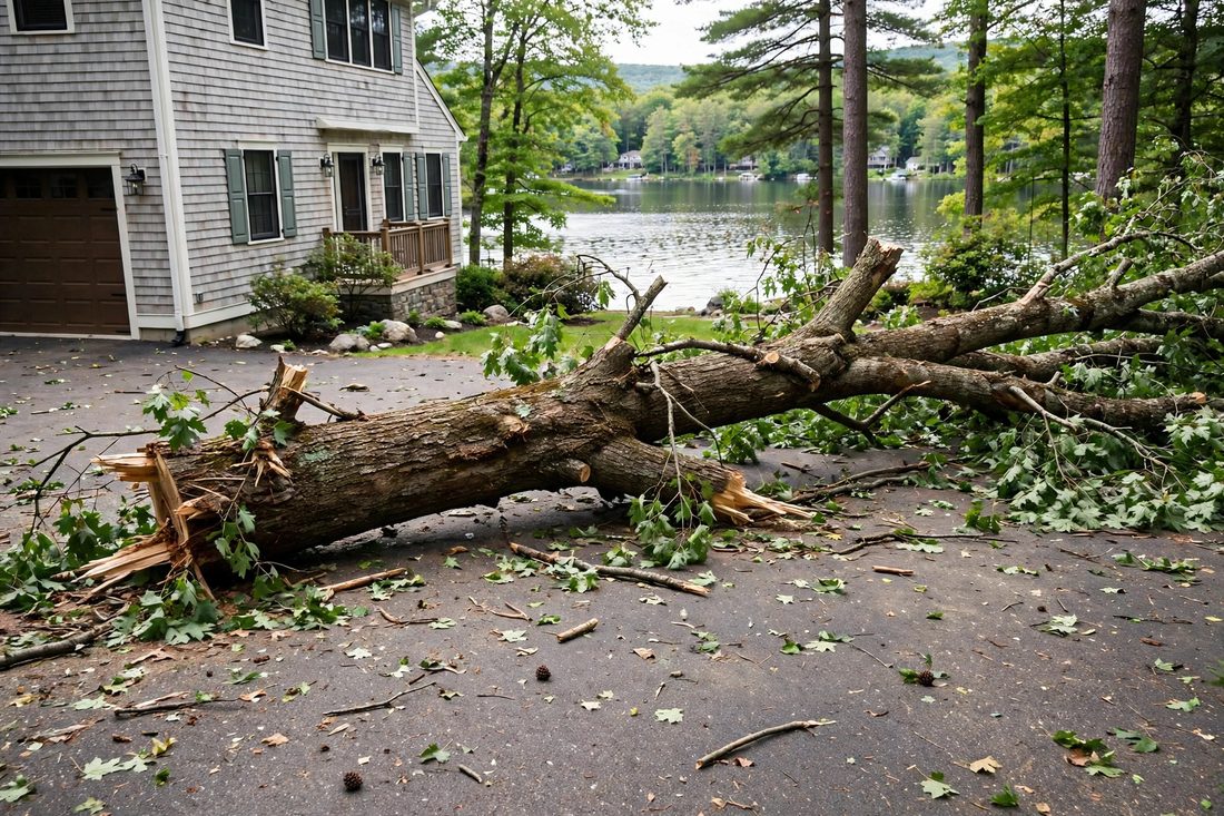 A storm limb across a driveway at a lake house