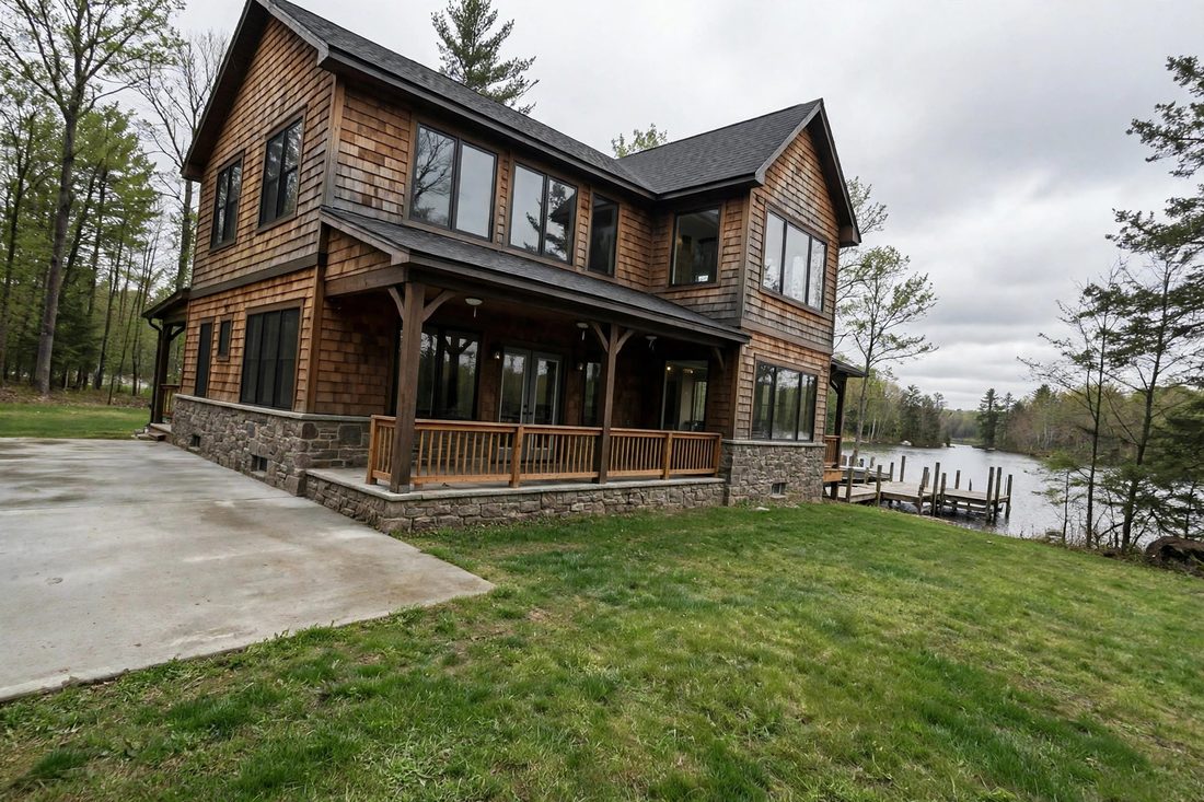 Front of a large cedar and stone lake home with a covered porch, lake and dock behind